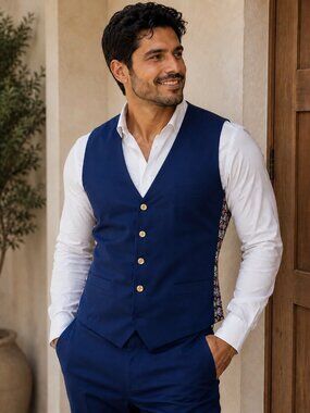 Indochino Vest Men's Blue‎ Skull Floral Wool Linen Belted 5-Button Waistcoat, M